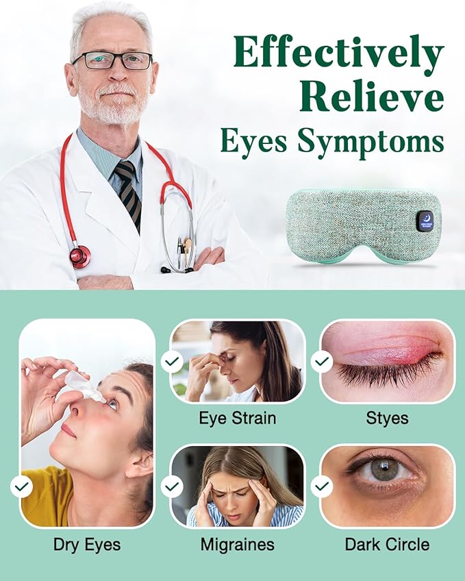 Heated Eye Mask for Dry Eyes, Cordless Warm Compress for Eyes, Light Blocking Eye Heating Pad, Styes, Sleep, Cover Washable, Rechargeable, Light Blue