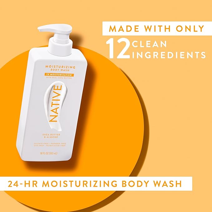 Native Moisturizing Body Wash Contains Naturally Derived Ingredients | For Women & Men, Sulfate, Paraben, & Dye Free Leaving Skin Soft and Hydrated | Shea Butter & Almond 18 oz