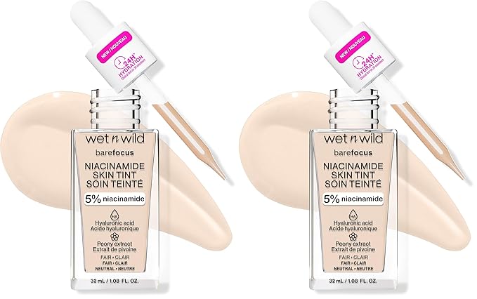 wet n wild Bare Focus Skin Tint, 5% Niacinamide Enriched, Buildable Sheer Lightweight Coverage, Natural Radiant Finish, Hyaluronic & Vitamin Hydration Boost, Cruelty-Free & Vegan - Fair (Pack of 2)