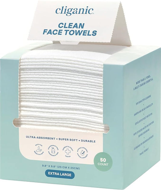 Cliganic Clean Face Towels XL, Disposable, Ultra-Absorbent, Hypoallergenic & Soft - Makeup Remover Dry Wipes, Pamper Your Face, Feel Fresh & Radiant, Hygienic Towelettes, for All Skin Types (50 Ct)