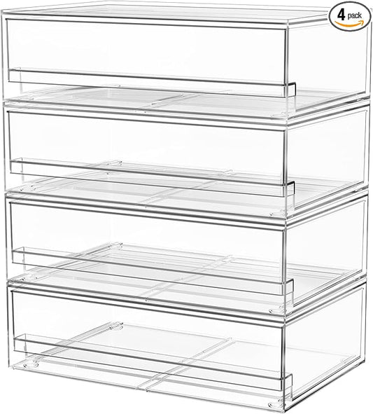 A-LuGei 【𝟰𝗣𝗖𝗦】 Acrylic Stackable Storage Drawers, 11.8" W Makeup Organizer, Bathroom Organizer and Storage, Plastic Storage Bins for Kitchen Cabinet Pantry Medicine Fridge