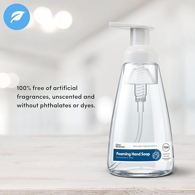 Clean Revolution Ready to Use Foaming Hand Soap| Three Pack | Jumbo 15oz Bottles | Gentle, Moisturizing & Eco-Friendly | Real Essential Oils | Fragrance Free | 45 Total Fl Oz, Clear