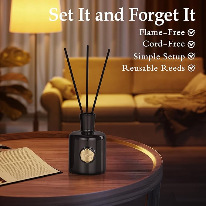 XEPTLE Reed Diffuser Set, 7.04 oz Oud & Bergamot Scent Diffuser with 5 Sticks, Long Lasting Air Freshener, Essential Oil Reed Diffuser for Home, Home Fragrance for Office, Bathroom Shelf Decor, Black
