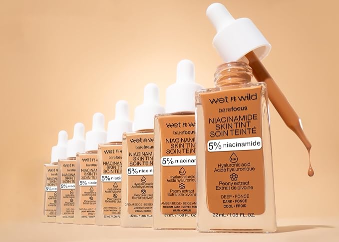 wet n wild Bare Focus Skin Tint, 5% Niacinamide Enriched, Buildable Sheer Lightweight Coverage, Natural Radiant Finish, Hyaluronic & Vitamin Hydration Boost, Cruelty-Free & Vegan-Light Medium Sand