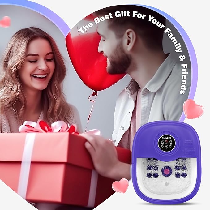 KNQZE Collapsible Foot Spa with Heat, Remote Control, Temperature Control, Bubbles, Pumice Stone, Red Light, Timer, 16 Massage Roller Pedicure Foot Bath Tub Foot Soaker for Feet Stress Relief, Purple