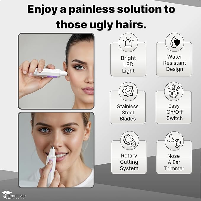 ToiletTree Products Nose Hair Trimmer for Women with LED Light - with Stainless Steel Blades, Water Resistance - Ear Nasal Hair Cutter/Removal