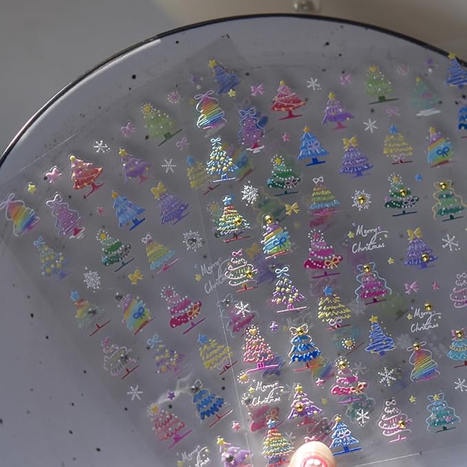 Christmas Nail Art Stickers 5D Embossed Colorful Xmas Tree Nail Decals with Gold Pearl 1PCS Xmas Tree Snowflake Star Design Christmas Nail Art Supplies Manicure Sliders for Women DIY Nail Decorations