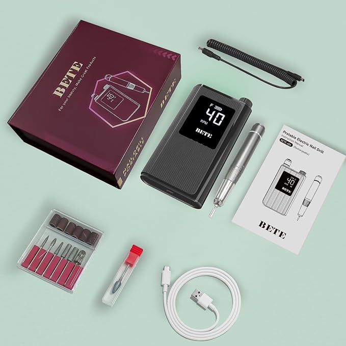 BETE Professional Nail Drill, 40000 RPM Cordless Electric Nail File Kit with 6 Bits, Rechargeable Efile for Acrylic Gel Nails Polishing, Manicure Tools for Salon Home Use, Black