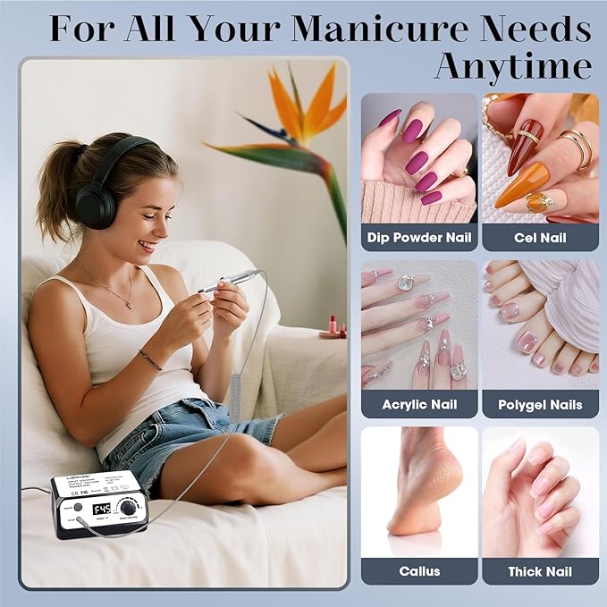 Nail Drill 45000RPM Professional Electric Nail File with Sanding Bands and Nail Drill Bits for Acrylic, Gel Nail Manicure & Pedicure, Black