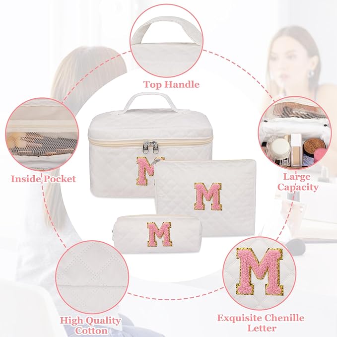 Initial Makeup Bag, Personalized Monogram Cosmetic Bag Set, Large Make up Bags | Travel Toiletry Bag | Makeup Bag for Girls Teen Girl Friend Sister Wife Girlfriend Gifts Daughter (Letter M)