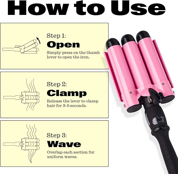 Trademark Beauty Three Barrel Hair Waver, Curling Iron, 1.25 Inch, Beach Waves, Adjustable Temperature Hair Curler, Babe Waves Jumbo - Pink