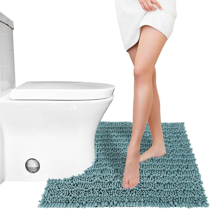 Yimobra Toilet Rug U Shaped Washable 24x20 Inch - Ultra Soft Absorbent Chenille Bath Rugs for Toilet, Quick Dry & Machine Washable, Non Slip Contour Bathroom Mat, Teal Blue