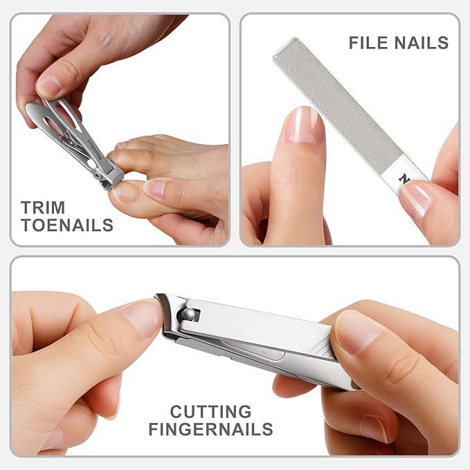3-Piece Nail Clipper Set, Stainless Steel Fingernail & Toenail Clippers with Nail File, Compact Travel Case, Portable Grooming Kit for Toiletry Bag, Home Use, Men & Women