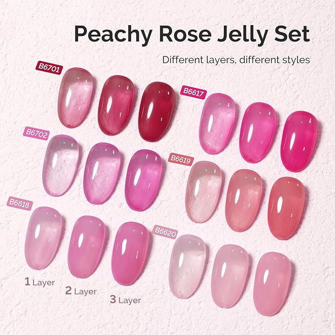 MelodySusie Jelly Gel Nail Polish Set,6 Transparent Colors,Milky or Jelly Texture,Romantic and Lovely Pink Colors Soak Off UV LED Light Cure or Salon Manicure and Nail Art DIY at Home