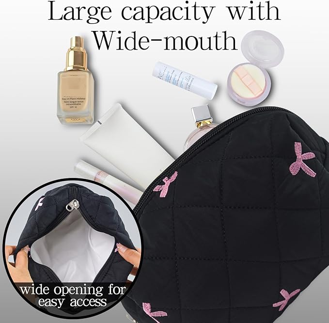 Quilted Makeup Pouch,Cotton Puffy Makeup Bag, Coquette Cosmetic Bag for Women and Girls, Aesthetic Organizer Bag, Cute Flower Travel Toiletry Bag