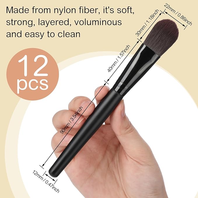 12 Pcs Flat Foundation Brushes with Soft Nylon Bristles and Wooden Handle, Makeup Brushes for Liquid Make Up, Foundation Face Brush for Blending Liquid Cream Powder Cosmetics, Black