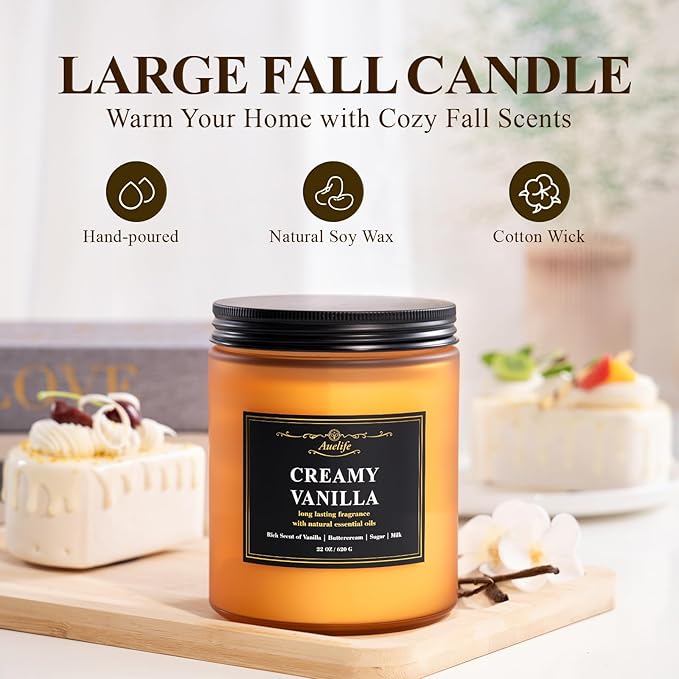 Auelife Creamy Vanilla Scented Candle – 22oz Large 3-Wick Soy Candle, Sweet Long Lasting Fall Candles for Home, Cozy Autumn Candles, Relaxing Gifts for Women & Men