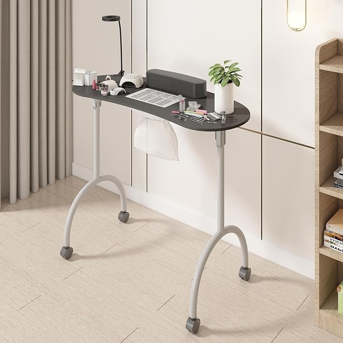 TABU Portable Manicure Nail Table, Foldable Manicure Table with Dust Collector Fan, LED Lamp, 4 Lockable Wheels and Carry Bag, Professional Nail Desk with Wrist Cushion (Black)