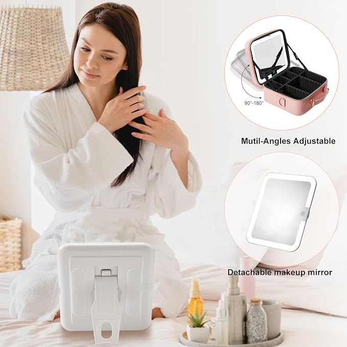 Mocado Travel Makeup Bag with LED Lighted Mirror,Travel Makeup Organizer,Makeup Case with 8 Makeup Brushes and 10x Magnifying Mirror,3 Colors Lighting, Adjustable Dividers Makeup Box(Pink)