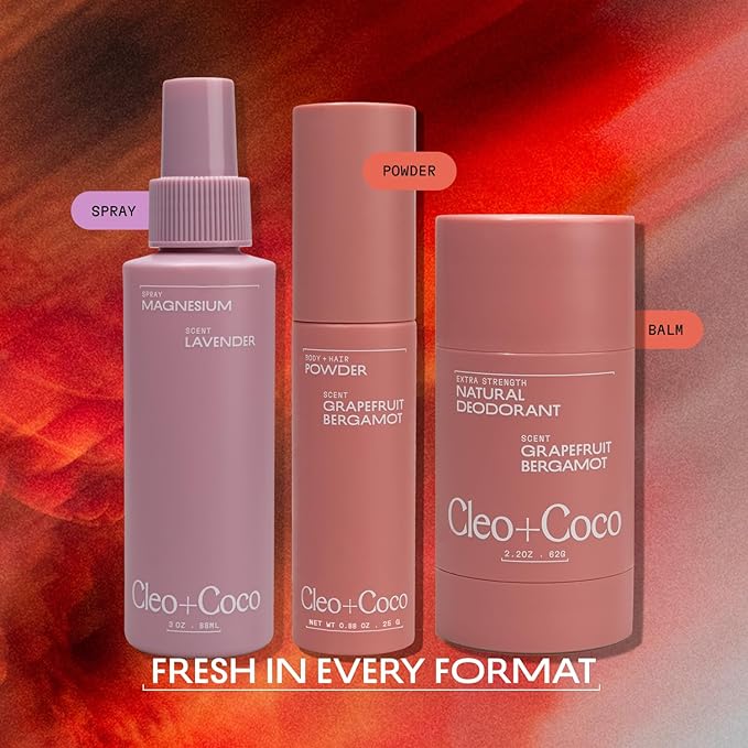 Cleo + Coco. Deodorant Powder for Body and Hair, Grapefruit Bergamot (0.88 oz), 2-in-1 Deo Powder & Dry Shampoo for Women & Men, Aluminum Free Deodorant, Talc-Free, Anti Chafe Protector, Travel-Size