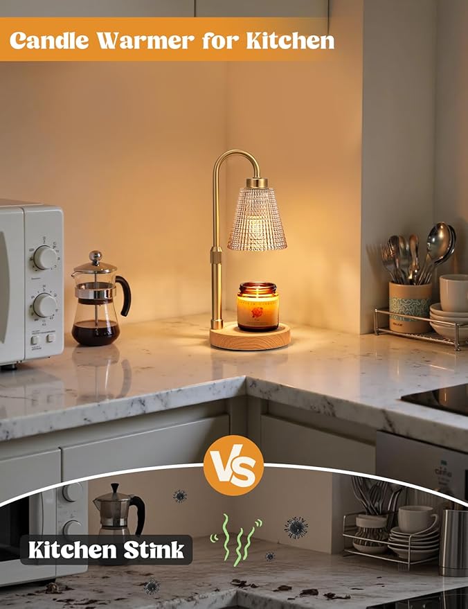 Innqoo Wood Color& Amber Candle Warmer Lamp with Timer, Dimmable Candle Warmer for Jar Candles, Height Adjustable Wax Melts Warmer, Birthday Gifts for Women Mom, House Warming Gifts New Home Decor
