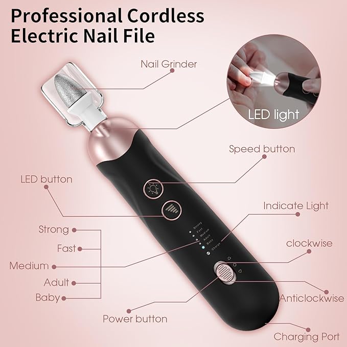 Professional Manicure Pedicure Kit, Cordless Electric Nail File Set, Rechargeable Pedicure Tools for feet, 5 Speeds Hand Foot Care Nail Drill for Thick Nail Toenail Cuticle Women Men Baby Pets