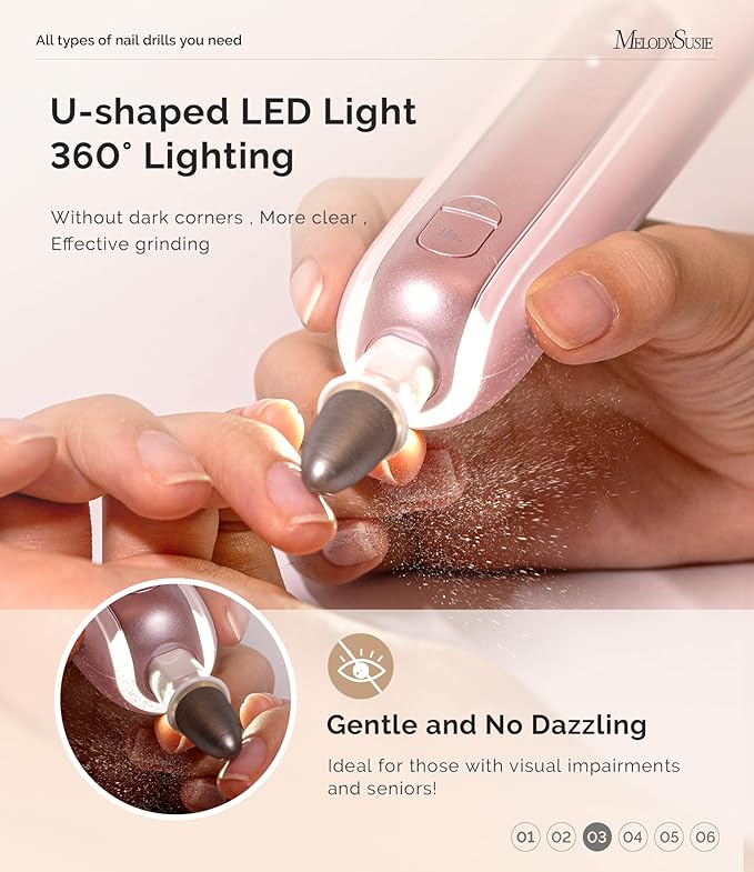 MelodySusie Cordless Pedicure & Manicure Nail Drill Kit, PC760G for Salon-Quality Foot Care for Home & Travel, Rechargeable with 5 Speeds, 8-in-1 Bits, 360° LED Light & Anti-Dust Shield, Pink