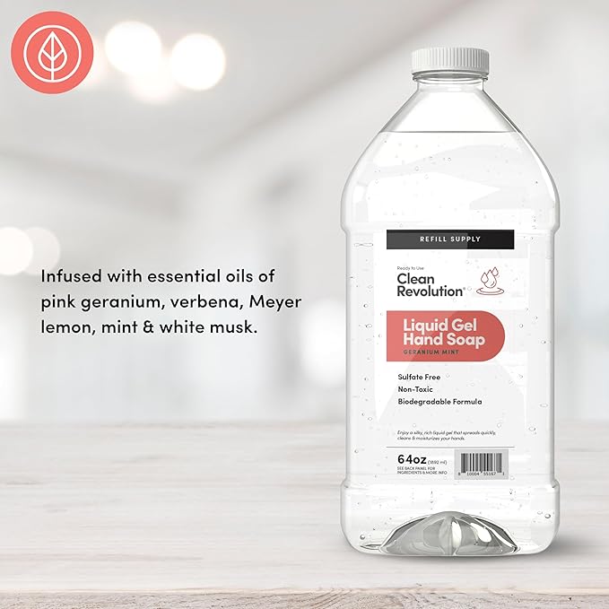 Clean Revolution Liquid Gel Hand Soap, Silky Rich Liquid, Quick Lather, Fast Rinsing, Contains Real Essential Oils (Geranium Mint) 64 Fl Oz