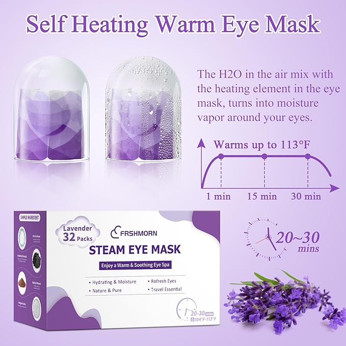 32 Packs Steam Eye Mask, Heated Eye Mask for Sleeping, Warm Compress for Eyes, Self Heating Disposal Steam Mask for Home Sleep, Office, Spa, Travel Essentials Stocking Stuffers (Lavender)