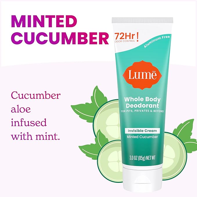 Lume Whole Body Deodorant - Invisible Cream Tube - 72 Hour Odor Control - Aluminum Free, Baking Soda Free, Skin Safe - 3.0 ounce (Minted Cucumber)