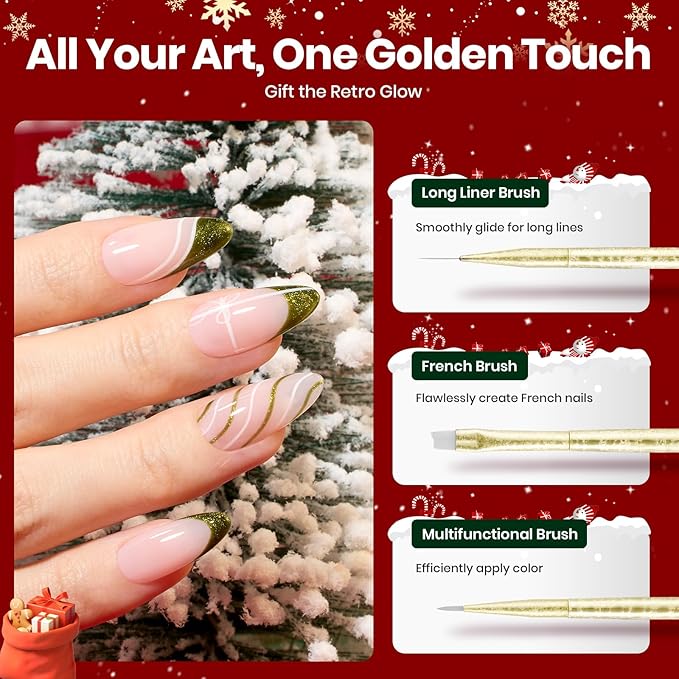 Beetles Christmas Nail Art Brushes 6pcs – Golden Gleam Nail Art Tools Liner Brushes for Nails Dotting Tool Gradient/French/Petal Manicure Design Pen with Star Palette Holder Nails Stickers Pouch Bag