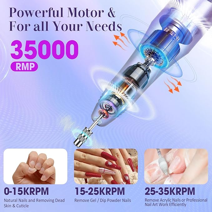 Nail Drill 35000RPM Electric Nail File Drill Nails Machine - Professional Nails Drill with 100pcs Sanding Bands and Nail Drill Bits for Acrylic, Gel Nail Manicure & Pedicure