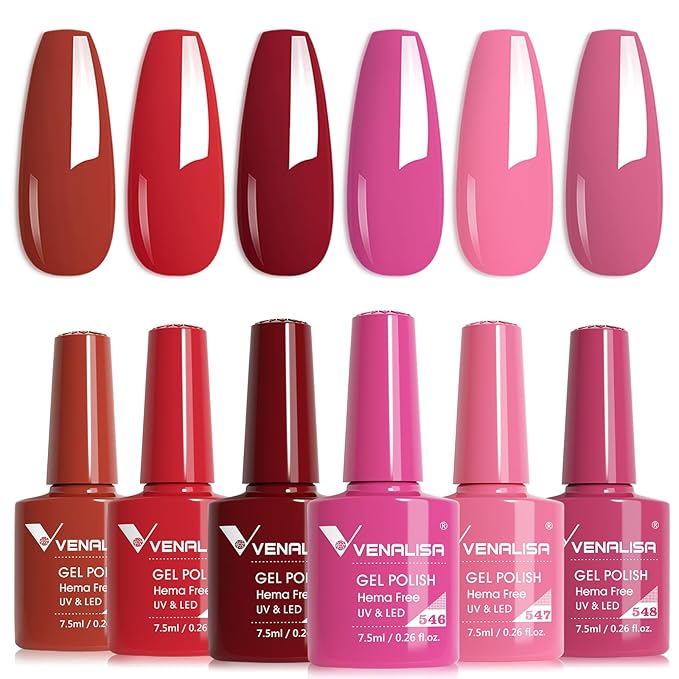 VENALISA Red Gel Nail Polish Set 6 Colors Pink Dark Red Burgundy Red Gel Polish Kit Soak Off UV Gel Salon Nail Art DIY at Home Manicure