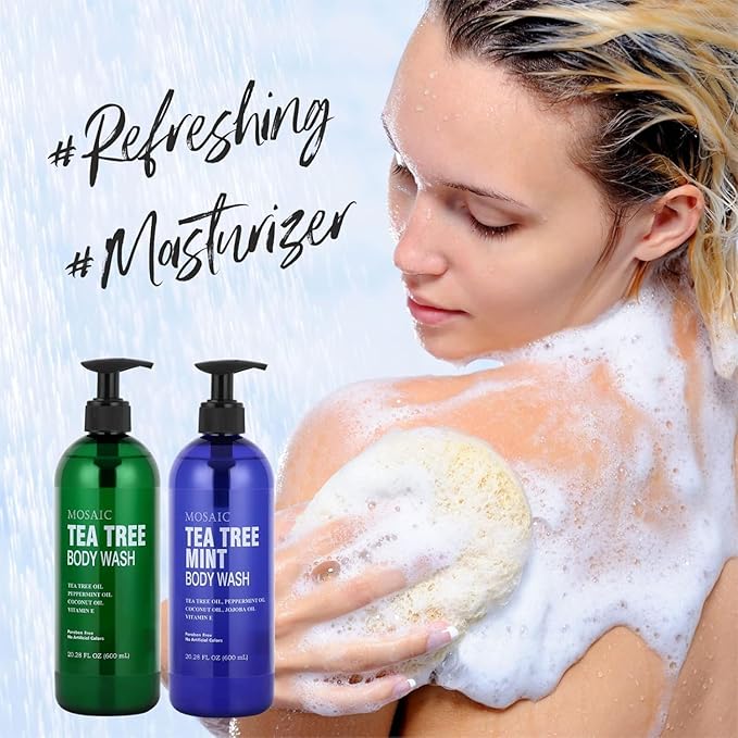 Tea Tree Body Wash with Mint & Shower Gel with Vitamin E for Jock Itch, Eczema, Ringworm, Body Odor, Body Wash Women & Men with Added Body Oils,LARGE 20.2 FL Oz Bottle (Tea Tree Mint, Pack of 3)