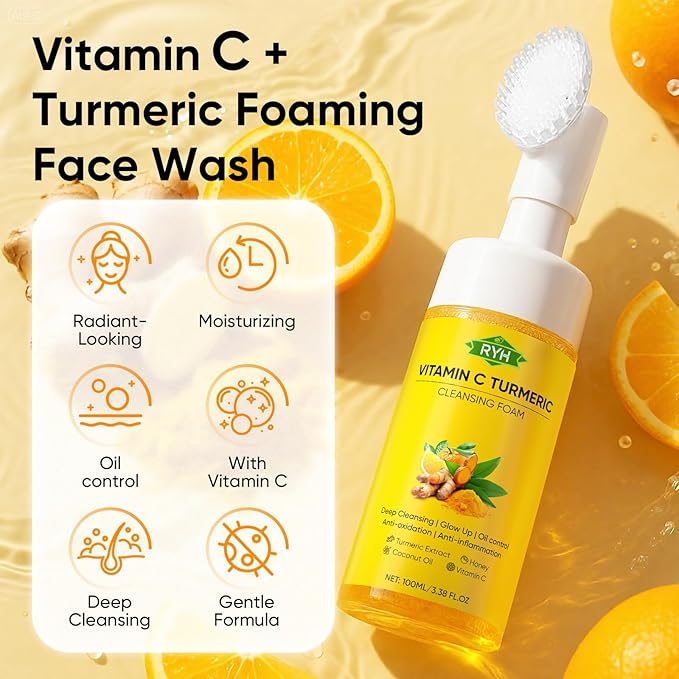 RYH 2pcs Turmeric Face Wash with Vitamin C, Deep Cleansing Face Wash Set, Glow Turmeric Facial Cleanser Foam, Vitamin C for Face, Gentle Facial Cleanser for Smoothing Skin 3.38 Fl.Oz/pc