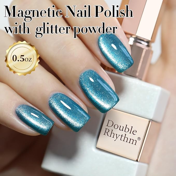 Double Rhythm 0.5 OZ Cat Eye Gel Polish with Magnet 15ML Holographic Glitter Shimmer Translucent Jelly Color Magnetic Polish Salon DIY at Home (Teal-MC1071)