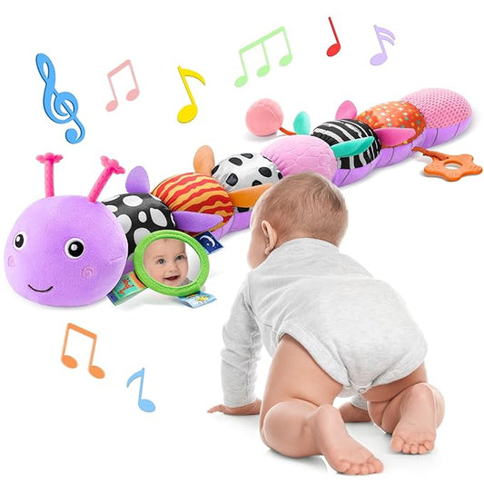 Baby Toys 6-12 Months Music Caterpillar Infant Toys Stuffed Animals 0-3-6 Months Teething Tummy Time Sensory Toys with Mirror Rattle&Pull String for Boys Girls Birthday Gifts|Lavender Purple