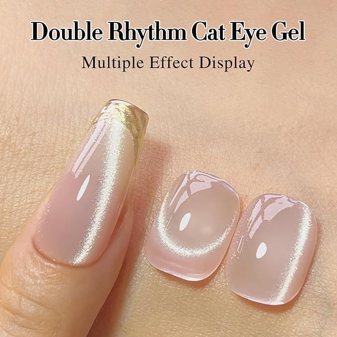 Double Rhythm Cat Eye Gel Polish with Magnet 15ML Holographic Glitter Shimmer Translucent Jelly Color 0.5 OZ Magnetic Gel Polish Salon DIY at Home (Nude-MC1057)