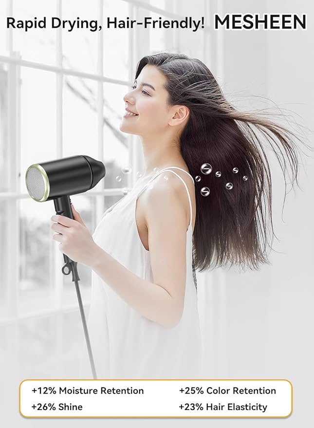 Hair Dryer, 150000RPM Ionic Blow Dryer - Fast Drying, Low Noise, Foldable Portable with Diffuser and Nozzle, Compact Mini for Women and Men, Home and Travel - Black