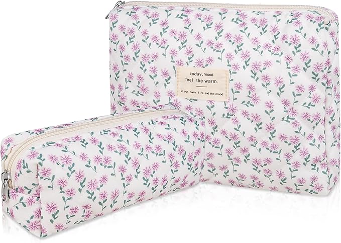 2PC Makeup Bag Set, Cute Cosmetic Bag for Women Girls, Floral Coquette Aesthetic Toiletry Bag, Travel Make Up Organizer Bag (Purple Peacock Flower)