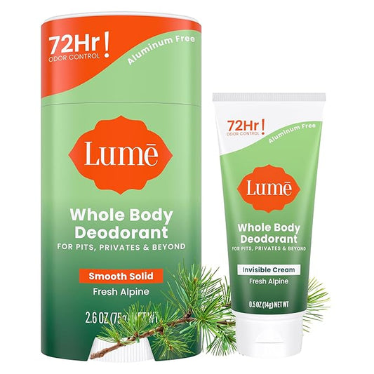 Lume Whole Body Deodorant - Invisible Cream Tube Mini and Solid Stick - 72 Hour Odor Control - Aluminum Free, Baking Soda Free, Skin Safe - 0.5 Oz Mini Tube + 2.6 Oz Solid Stick (Fresh Alpine)