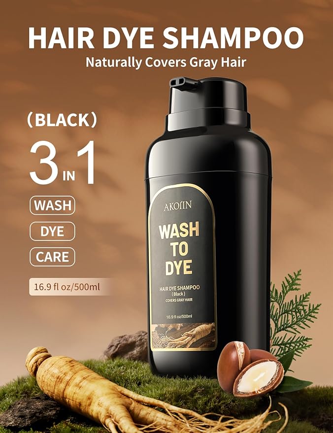 Black Hair Dye Shampoo, 3-in-1 Hair Color, Permanent, Unisex, 100% Gray Coverage, Seamless Root Blend, Last More than 30 Days, 7 Plant Extracts, Frizz-Free, with Dye Tools, 500ml