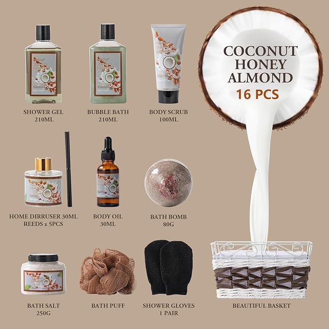 Coconut Almond spa kit, Bath and Body Gift Basket Christmas Gifts for Women & Men Spa Gift Basket,16 Pcs Bath Gift Set With Fragrant Lotion, Home Spa Luxurious Bath Body Oil, Diffuser & More