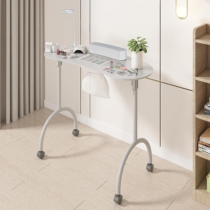 TABU Portable Manicure Nail Table, Foldable Manicure Table with Dust Collector Fan, LED Lamp, 4 Lockable Wheels and Carry Bag, Professional Nail Desk with Wrist Cushion (White)