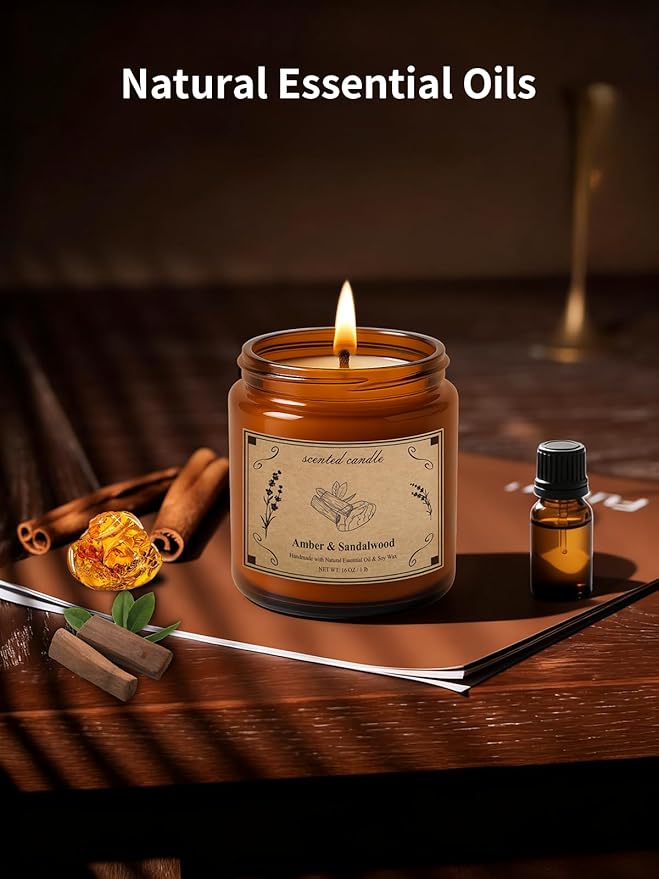Scented Candles, 16oz Large Jar Soy Wax Candle – Amber & Sandalwood with Premium Plant Wax Blend for Consistent Burn, Aromatherapy Candle for Home Scented, Relaxation and Gift for Women/Men