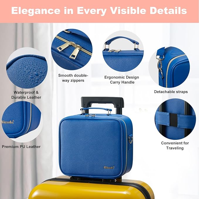 Mocado Travel Makeup Bag with LED Lighted Mirror,Travel Makeup Organizer,Makeup Case with 3 Color Lighted Setting and 10x Magnifying Mirror,Portable Storage and Adjustable Dividers Makeup Box(Blue)