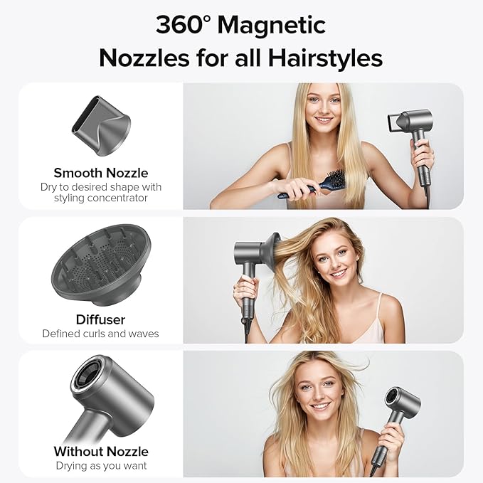 Hair Dryer, 150000 RPM Brushless Motor with 500M Negative Ions, Fast-Dry Lightweight Design, ThermoControl & Magnetic Nozzle/Diffuser, Low Noise Salon Blow Dryer for All Hair, Travel, Home