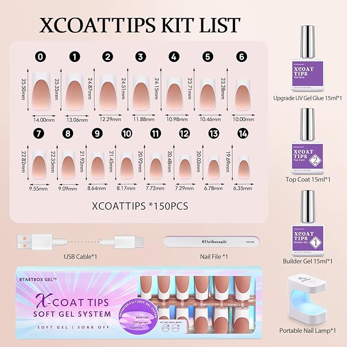 BTArtboxnails XCOATTIPS French Tip Nail Kit - Long Square Nail Tips Brown with Nail Gel, French Protecing Duo, Nail Lamp, Gel Nail Extension Kit