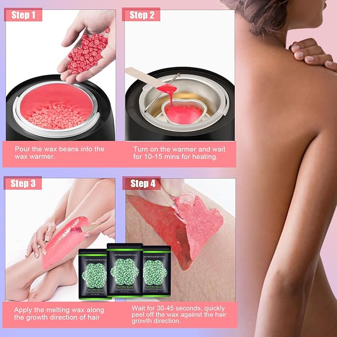 Wax Beads for Hair Removal 10.5oz (300g), Auperwel Hard Wax Beads Beans for Sensitive Skin Brazilian Waxing, Face, Bikini, Eyebrow, Legs, Painless for Women Men, 3 packs Kit with 10 Sticks