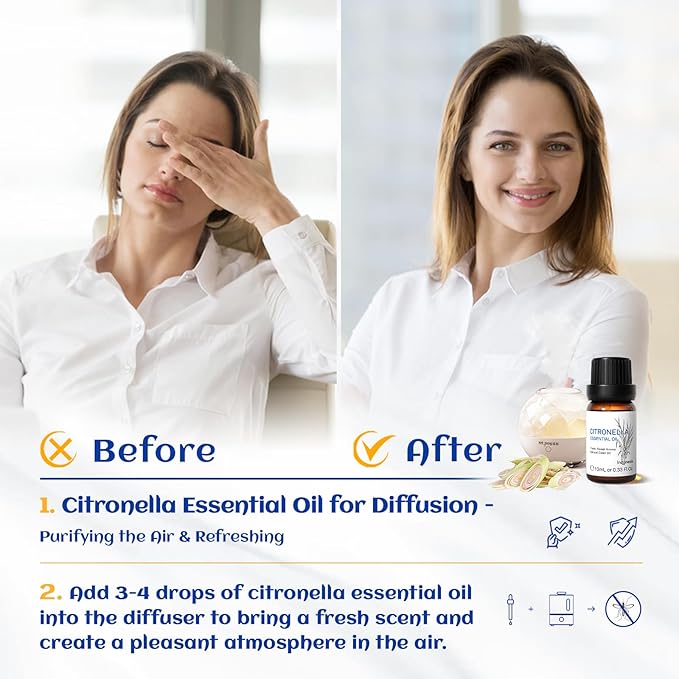 HIQILI 0.33 Fl Oz Citronella Oil for Homemade Sprays, Add to Diffuser, 100% Pure and Natural Undiluted, Portable - 10ml